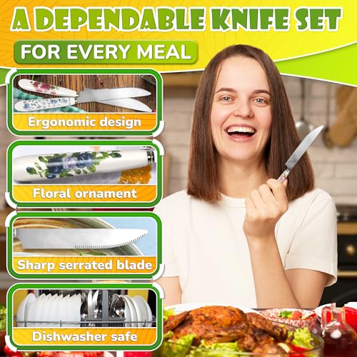 6 Pcs Butter Knife Set - 7.87 x 4.21" Floral Сheese Spreader Knives with Easy-to-Grip Ceramic Handles, Serrated Stainless Steel Blades, Polished, Dishwasher Safe - for Kitchens, Restaurants & Parties - color: Floral