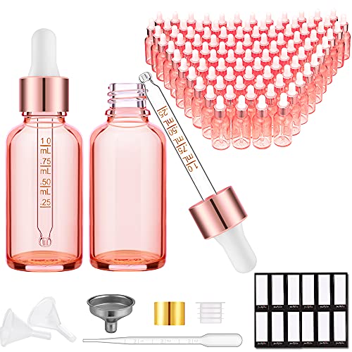 PrettyCare Glass Eye Dropper Bottles 99 Pack, 1oz (30ml) Rose Empty Thick Bottles Bulk with Leakproof Caps - With Labels & Funnels for for Storage, Travel,Essential Oils, DIY Serums - color: 1oz Rose, style: 99 Pack