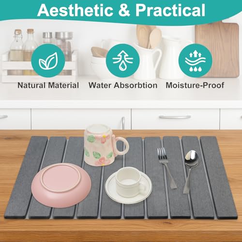 3 Pcs Large Stone Drying Mats for Kitchen Counter Diatomaceous Earth Dish Fast Dry Stone Sink Mat Dish Drying Matt Pad Water Absorbing Bathroom Trays Kitchen Countertop Diatomite Dish Draining Mat - color: Dark Gray