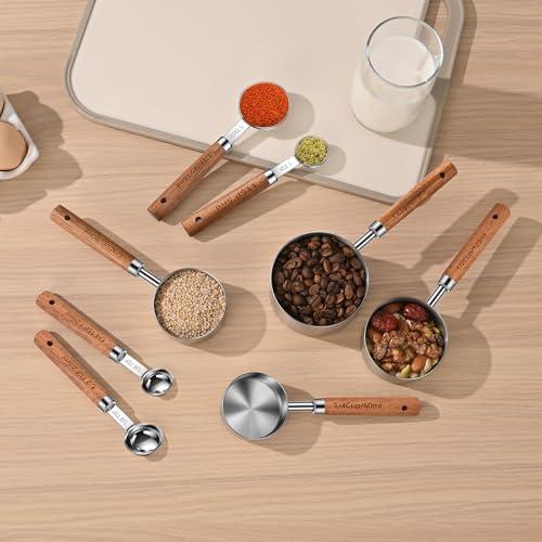 Wooden Handle Measuring Cups & Spoons Set 8-Piece – Stainless Steel, Stackable, Rustic Farmhouse Kitchen Gadgets, Non-Toxic, Dishwasher Safe, Gift for Bakers & New Homeowners. - size: Silver-wood handle