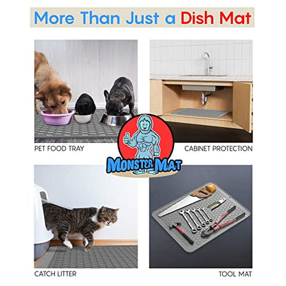 Monster Mat Extra Large Silicone Dish Drying Mat (30"x24") – Heavy Duty & Fast-Drying Silicone Mat - Non-Slip XL Dish Drying Mat For Kitchen Counter - Gray