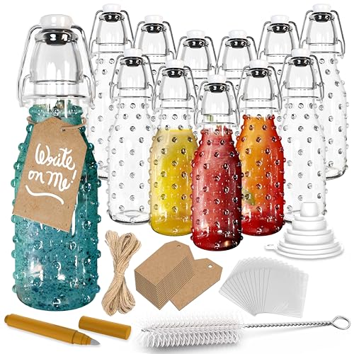 Nevlers 8.5 Oz Dotted Swing Top Glass Bottles with Lids 12 Pack Set | Flip Top Glass Bottle with Stopper , Brush, Funnel, Shrink Wrap, Tags & Marker | Reusable Coffee Syrup Bottles with Stoppers