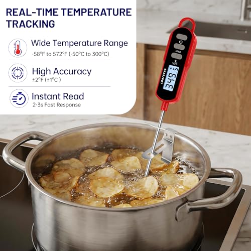 Lonicera Digital Candy Thermometer with Pot Clip, 11" Long Probe, Instant Read 2-3s, IPX6 Waterproof Food Thermometer with Backlight, for Deep Fry, Oil & Meat (Red)