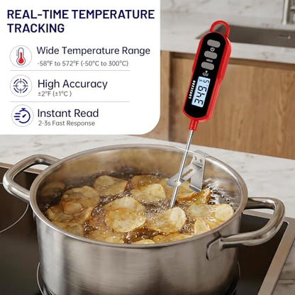 Lonicera Digital Candy Thermometer with Pot Clip, 11" Long Probe, Instant Read 2-3s, IPX6 Waterproof Food Thermometer with Backlight, for Deep Fry, Oil & Meat (Red)