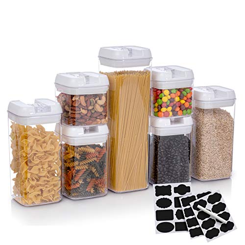 Set of 7 Airtight Food Storage Containers - Pantry Organizer Bins, BPA Free Plastic Containers plus Dry Erase Marker and Labels, White - color: White
