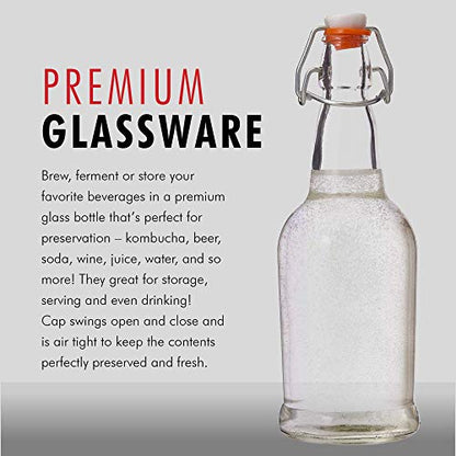 Clear Glass Bottles for Beer With Swing Top Lids - 6 Pack 16 Oz – Home Brewing Grolsch Glass Bottles with Caps – Airtight Rubber Silicone Lid for Kombucha, Homemade Dressing & More by Kitchen Lux