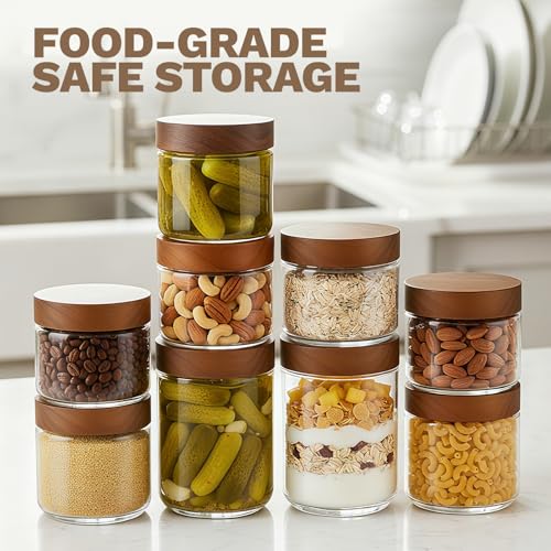 Bumobum 8 oz Glass Mason Jars with Lids, Small Glass Container with Acacia Wood Airtight Lid, Wide Mouth Canisters for Chia Pudding Loose Tea Coffee Salad Snacks Yogurt Spice, 4-Pack - color: 8oz