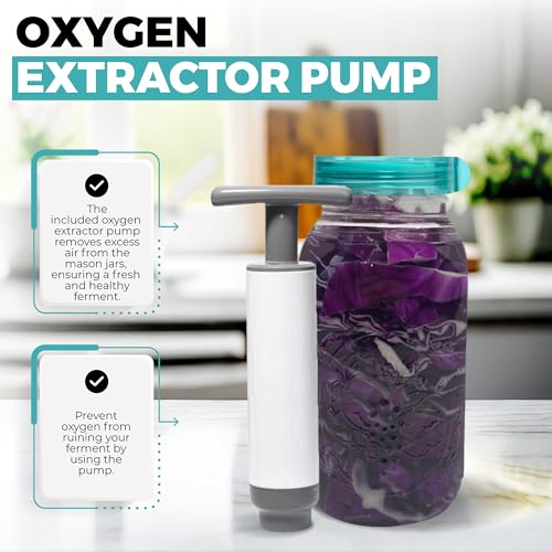 Fermentation Kit, Includes 3 Fermenting Lids for Wide Mouth Mason Jars & Oxygen Extractor Pump, Mason Jar Airlock Lid For Fermenting Kimchi, Pickle, & Sauerkraut