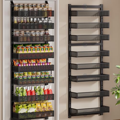 POKIPO 8-Tier Over the Door Pantry Organizer, 2 IN 1 Wall Mount or Hanging Spice Rack with Adjustable Raised Basket, Heavy Duty Back of Door Storage for Kitchen Bathroom Laundry Room - color: Black