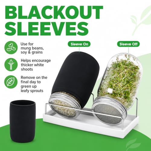 4 Pack Seed Jar Sprouter Kit - Wide Mouth 32oz Mason Jars with Stainless Steel Screen Lids - Blackout Sleeves for Mung Bean & Alfalfa - Complete Sprouting Jar Set with Stand & Drip Tray