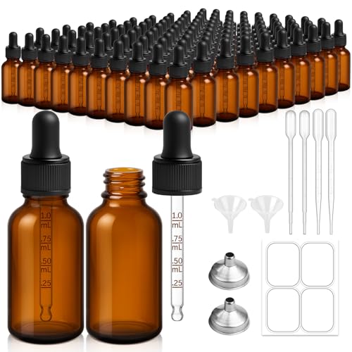 Bumobum 99 Pack, 1 oz Glass Dropper Bottle for Essential OIls, 30 ML Amber Empty Tincture Bottles with Dropper for Serum Hair Cuctile Body Oils Bulk for Storage - color: Amber-99PACK
