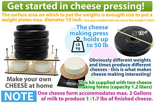 Wooden Cheese Press for Cheese Making Supplies 16in Metal Guides and 2 pcs Cheese Mold with Follower Piston 1.3Qt - large Home Supply Ultimate Cheese Press Machine - Prensa Para Queso Casero