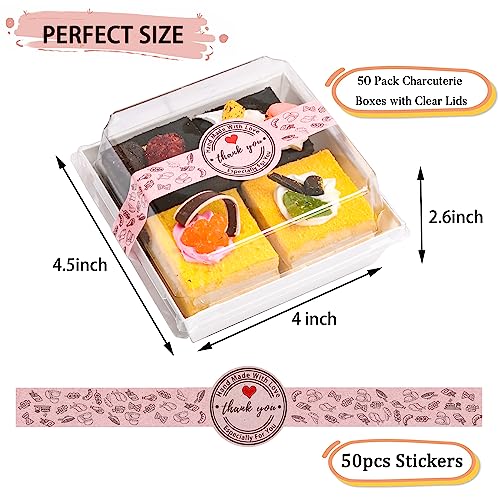 TECARATE Paper Charcuterie Boxes with Clear Lids and Stickers - 50 SETS 4 Inches Square Disposable Food Containers Bakery Boxes for Bakery, Macaron, Sandwich, Slice Cake, Cookies, Hot Cocoa Bombs - color: White