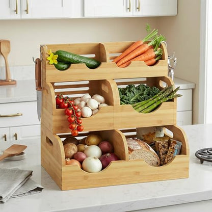 Upgraded 3 Tier Bamboo Pantry Storage Bins,Large potato storage With 2 Banana Hangers,Stackable Potato and Onion Storage Bin with Airflow Vent, Pantry Baskets, Vegetable Storage,for Kitchen Countertop