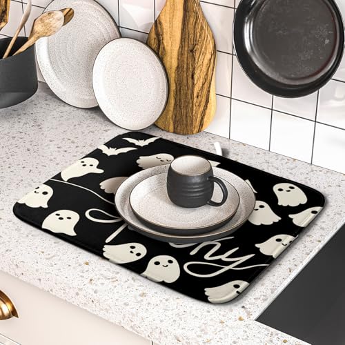 Halloween Dish Drying Mat for Kitchen Counter 16x18 Cute Ghost Black Spooky Holiday Scary Theme Absorbent Reversible Microfiber Drying Mats Kitchen Countertop Protector Dishes Drainer Pad - size: 16" x 18"