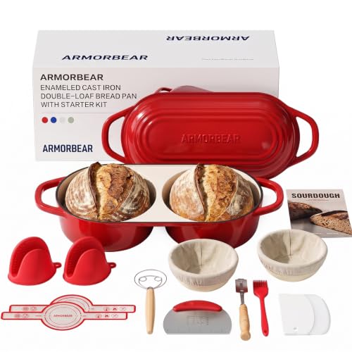 Sourdough Bread Baking Kit with Double Loaf Cast Iron Bread Pan, Red | Bakes two mini loaves at once with banneton proofing baskets included - color: Red, size: Double Bread Oven & Baking Kit