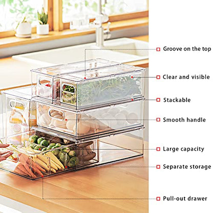 Mano Fridge Drawer Pull Out Stackable Bins with Handle Clear Refrigerator Drawers Organizer Food Storage Container Box with Dividers Plastic Produce Saver for Pantry, Cabinet, Kitchen, Clothes（4Pack） - style: 2*3L+2*6L