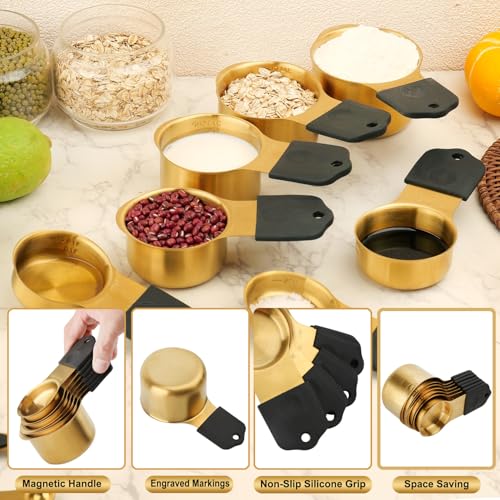 Gold Magnetic Measuring Cups & Spoons Set of 16, 7 Stainless Steel Measuring Cups, 8 Double-Sided Measuring Spoons & 1 Leveler, Premium Finish Baking Tools Kitchen Gadget for Dry & Liquid Ingredients - color: Gold