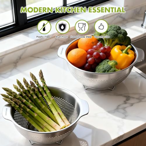 Greentainer 18/8 Stainless Steel Colander for Kitchen, 5QT Metal Pasta Strainer with Handle | Dishwasher Safe | Advanced Sturdy Base for Drainage & Rinsing Vegetable Fruit Rice Spaghetti - size: 5 QT