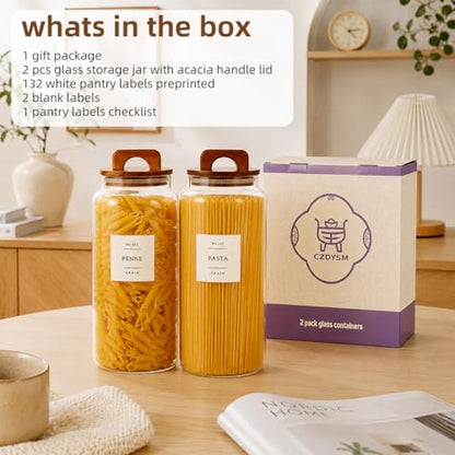 2 Pack Large Glass Flour and Sugar Containers with 132 Pantry Labels - 105 FL OZ Glass Canisters with Bamboo Airtight Lids - Farmhouse Kitchen Glass Pantry Jars for Cookie, Rice, Pasta, Cereal, Salt - size: 105OZ-2 Pack