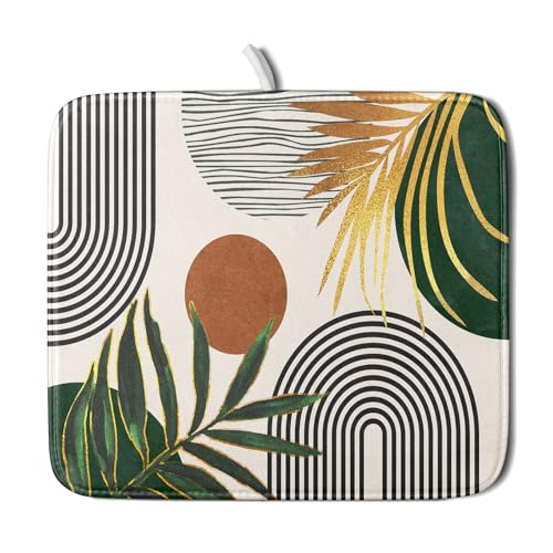 Boho Leaves Dish Drying Mat 16x18 inch Mid Century Absorbent Drainer Rack Mats Fast Dry Bottles Dish Dry Pad Protector Kitchen Accessories - color: Boho Leaves, size: 16" x 18"