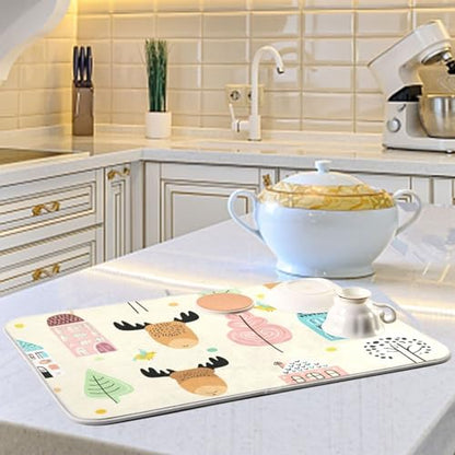 Moose Tree House Beige Dish Drying Mat for Kitchen Counter Super Absorbent Draining Mat with Non-slip Backed Coffee Mat for Dish Cups Bowl Bottles Countertops Sinks Draining Racks