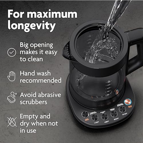 Viante Alba Electric Tea Kettle With Infuser, No Plastic, 1.5L, Black | Borosilicate glass & 304 stainless steel construction. 4 temp presets, keep-warm, cordless, auto shut-off - style: Black