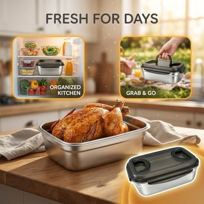186 oz Stainless Steel Food Storage Container with Lids, 13.0 x 9.6 x 5.1 in Leakproof Kimchi Container with Handles, Large Food Storage Containers for Roasting Turkey, Kimchi, Fruits, Party, Kitchen