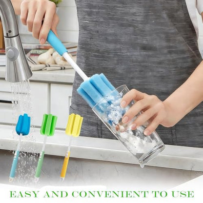 3PCS Adjustable Sponge Cleaning Brush Long Handle Bottle Scrubber Soft for Coffee Glasses Pot Milk Cup Mugs Winebottle Baby Narrow Neck Bottles Random Color