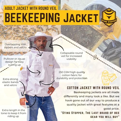 Sting Stopper Cotton Canvas Beekeeping Jacket with Round Veil - size: X-Large