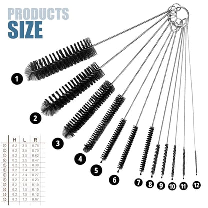 12 Multi-Size Brushes for Straws, Baby Bottles, Tumblers, Water Bottles, Sippy Cups, Tea Pots, Narrow Openings, and Narrow-Neck Containers (Black) - color: Black