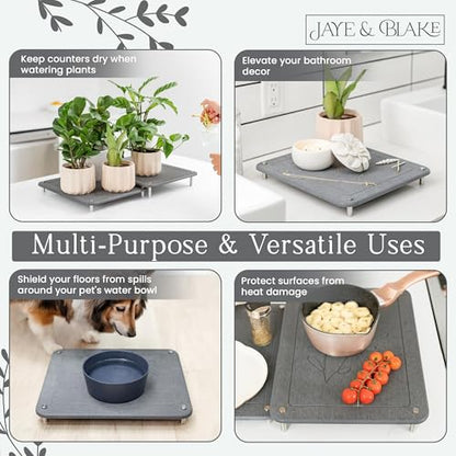 2 PCs Nesting Stone Dish Drying Mats for Kitchen Counter - Absorbent Quick Drying Diatomaceous Earth Stone Drying Mat with Non-Slip Feet - Heat Resistant & Odorless Dish Drying Stone Mat - Dark Gray