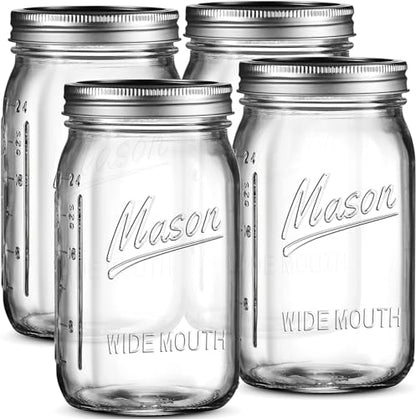 SEWANTA Wide Mouth Mason Jars 32 oz [4 Pack] With Mason Jar Lids and Bands, Mason Jars 32 oz - For Canning, Fermenting, Pickling - Jar Decor - Microwave/Dishwasher Safe.