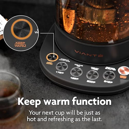 Viante Alba Electric Tea Kettle With Infuser, No Plastic, 1.5L, Black | Borosilicate glass & 304 stainless steel construction. 4 temp presets, keep-warm, cordless, auto shut-off - style: Black