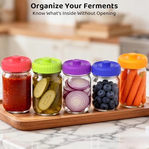 Fermentation Lids, Self-Burping Airlock Lids for Wide Mouth Mason Jars (86mm)|Heavy-Duty 100% Silicone, One-Piece Seamless Hygienic Design|Upgrade Your Jar for Sauerkraut & Kimchi (5-Pack Rainbow) - style: 5 Pack - Wide Mouth
