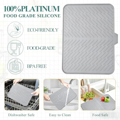 Silicone Dish Drying Mat for Kitchen Counter,23"X17" With Built-in Drain Lip,Food-Grade Silicone,Heat-Resistant Eco-friendly Hygienic Drying Mat Leak-Proof and Non-Slip,Multi-Functional Use（Gray） - color: Gray, size: 23" x 17"