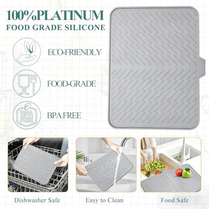 Silicone Dish Drying Mat for Kitchen Counter,23"X17" With Built-in Drain Lip,Food-Grade Silicone,Heat-Resistant Eco-friendly Hygienic Drying Mat Leak-Proof and Non-Slip,Multi-Functional Use（Gray） - color: Gray, size: 23" x 17"