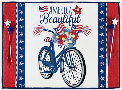 Serafina Home Patriotic Dish Drying Mat, America the Beautiful Bicycle Design, Red White Blue, Cotton, 15" x 20", Machine Washable, 4th of July Kitchen Décor - color: patriotic bike