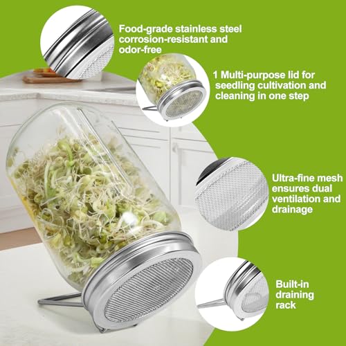 Sprouting Lids 2Pack Sprouting Lids for Regular Mouth Mason Jars with Stainless-Steel Sprouter Lids & Stand for Broccoli, Alfalfa, Mung Bean Plant Germination Kits - size: Regular Mouth Sprouting Lids 2Pack