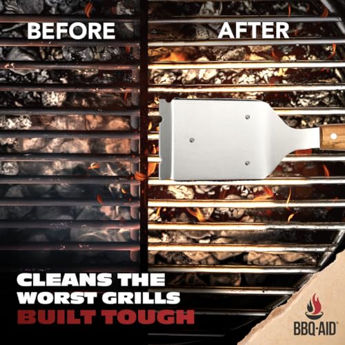 Bristle Free Grill Brush Cleaner and Scraper for Barbecue, Replaceable Head | Bristle-Free Grill Brush with Replaceable Head & Acacia Wood Handle. Heavy-Duty Scraper, No-Scratch BBQ Grate Cleaning. - color: Wood