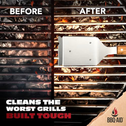 Bristle Free Grill Brush Cleaner and Scraper for Barbecue, Replaceable Head | Bristle-Free Grill Brush with Replaceable Head & Acacia Wood Handle. Heavy-Duty Scraper, No-Scratch BBQ Grate Cleaning. - color: Wood