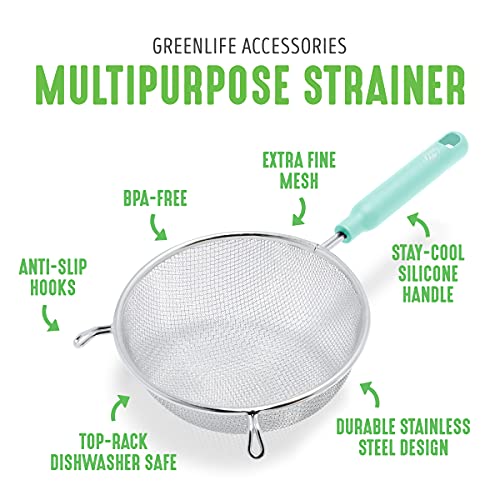 GreenLife Cooking Tools and Utensils, 2 Piece Extra Fine Stainless Steel Mesh Strainer Kitchen Set, Stay Cool Handles, Dishwasher Safe, BPA-Free, Turquoise - color: Turquoise, size: 2 Piece Stainless Steel Mesh Strainer Set