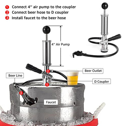 MRbrew Keg Party Pump, American D System Beer Keg Tap Keg Hand Pump 4'' Picnic Pump with Beer Faucet & Beer Hose, Chrome-Plated Keg Draft Beer Party Pump with 2 Hose Clamps Kegerator Pump for Homebrew