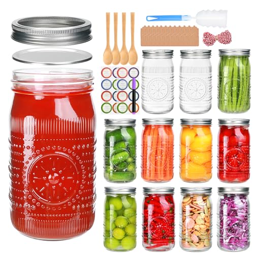 32 oz Wide Mouth Mason Jars with Lids and Bands, 12 Pack Clear Glass Canning Jars for Fermenting, Preserving, Quart Size Large Mason Jars for Jam, Pickling, Meal Prep, DIY Crafts