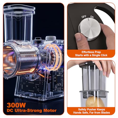 Electric Cheese Grater with Electric Dicing Function, 250W Professional Salad Maker & Electric Cheese Shredder, 5-in-1 Automatic Food Processor with Wide Feed Chute & 5 Stainless Steel Blades
