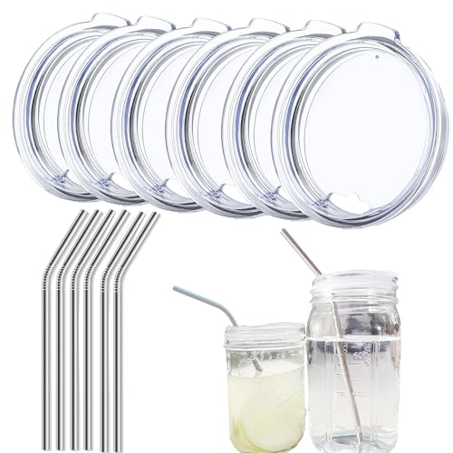6 Pack 3-inch Wide Mouth Mason Jar Lid with Stainless Steel Straws, Compatible with Ball 16oz，32oz Wide Mouth Mason Jars Lid, Reusable Lids with Straws Hole, Jar Straw Lids (Jars Not Included)