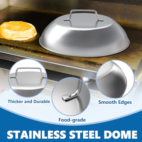 SafBbcue Round Cast Iron Smash Burger Grill Weight Press Tool & Griddle Steamer Melting Dome 12" Round Stainless Steel Basting Cover for Blackstone Griddle, Griddle Food Cover Dome for Flat Top Grills - style: 12In Dome+Round Press