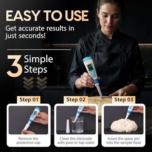 Digital pH Meter for Food Testing - Sourdough, Fermentation, Cheese & Canning - Solid Food Probe with Calibration Powder - Professional pH Tester for Home Cooks & Bakers (0.00-14.00)