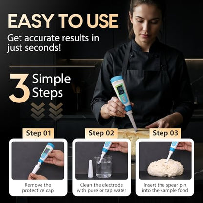 Digital pH Meter for Food Testing - Sourdough, Fermentation, Cheese & Canning - Solid Food Probe with Calibration Powder - Professional pH Tester for Home Cooks & Bakers (0.00-14.00)