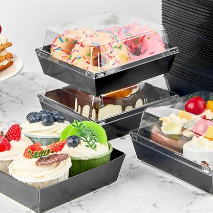 Ocmoiy Charcuterie Boxes with Clear Lids, 5 Inches, 50 Pack, Black | To Go Paper Food Containers, Disposable Bakery Dessert Boxes, For Sandwich, Cookie, Pastry, Cake Slice - color: Black